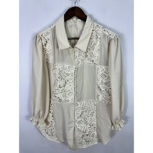 Indigo Thread Co. Lace Patchwork Button-Down Top Ivory Long Cottage Boho Large